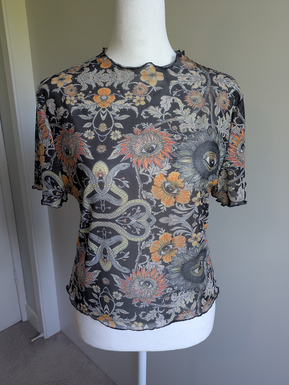 Women's Mesh Ruffle Short Sleeve Top - Eyes, Snake & Floral Graphic